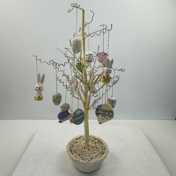 Vintage Easter Tree 17 Wooden Ornaments Bendable Branches Yellow 18" Tall - Picture 5 of 12